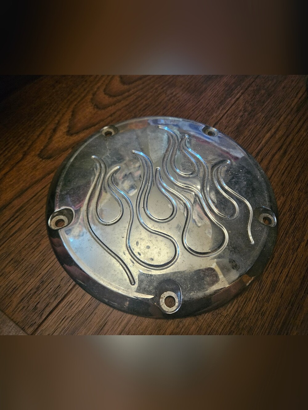 Flame Derby Cover Chrome for Harley Davidson by V-Twin With Scratches Used.